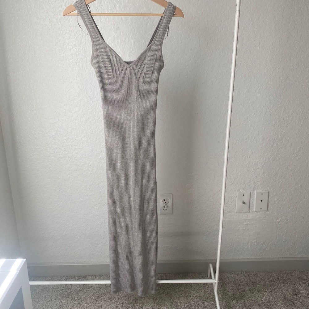 Knit ribbed bust detail gray maxi dress